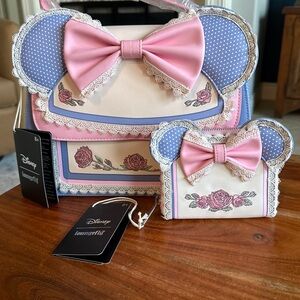 Loungefly Disney Minnie Mouse Pink and Cream Floral and Lace w/Bow Bag Set
